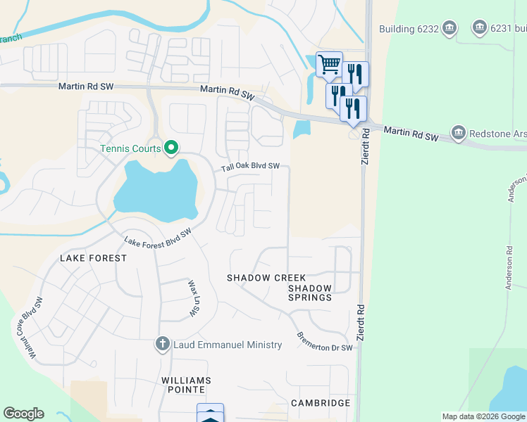 map of restaurants, bars, coffee shops, grocery stores, and more near 3 Tall Oak Boulevard Southwest in Huntsville
