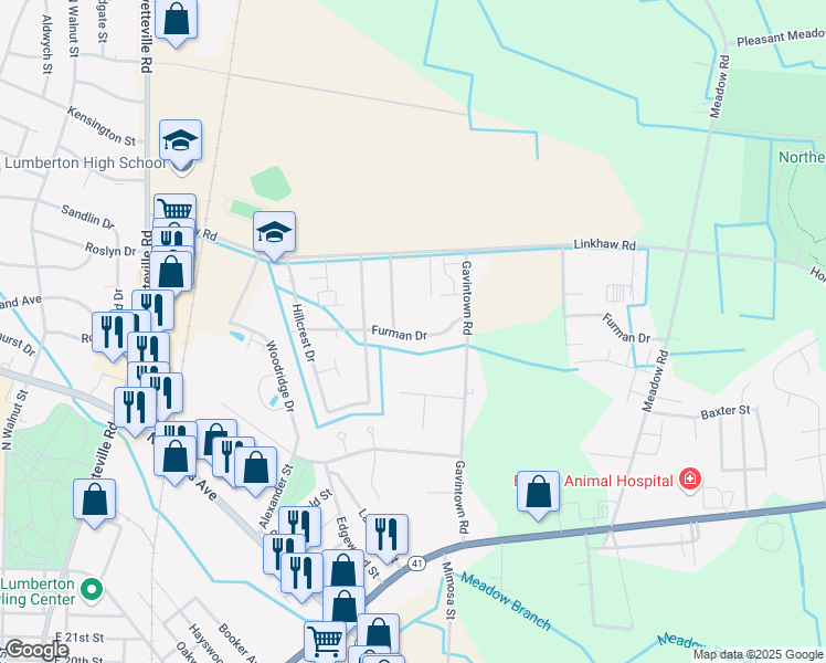 map of restaurants, bars, coffee shops, grocery stores, and more near 1147 Furman Drive in Lumberton