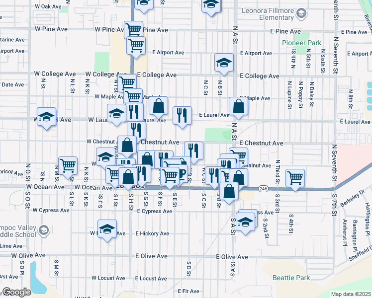map of restaurants, bars, coffee shops, grocery stores, and more near 211 North D Street in Lompoc