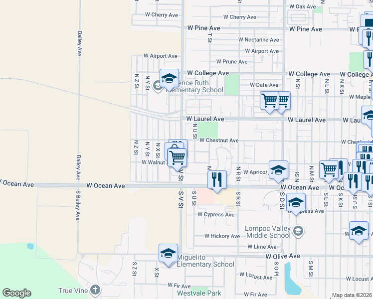 map of restaurants, bars, coffee shops, grocery stores, and more near 201 V Street in Lompoc