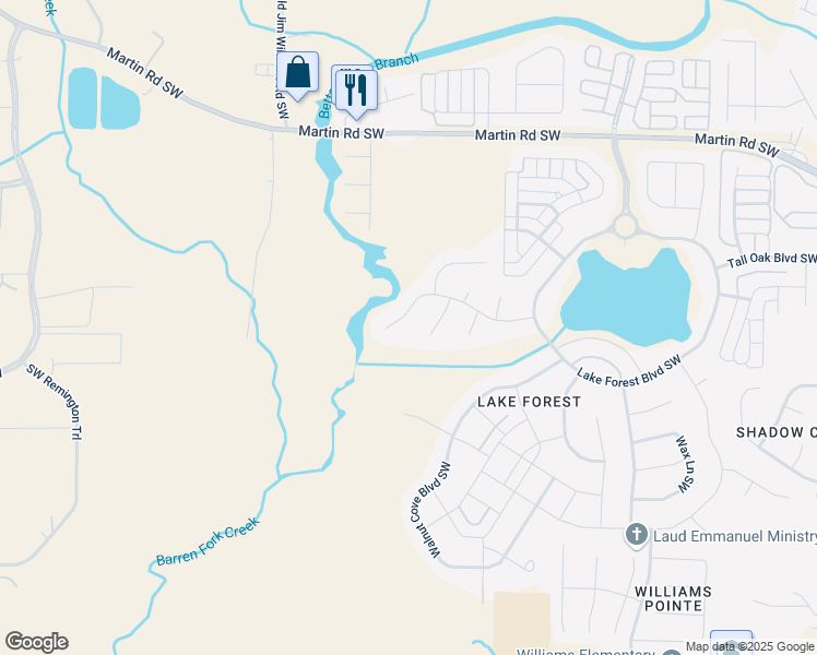 map of restaurants, bars, coffee shops, grocery stores, and more near 33 Elm Ridge Boulevard Southwest in Huntsville