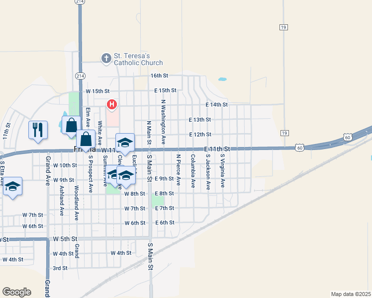 map of restaurants, bars, coffee shops, grocery stores, and more near East 11th Street in Friona