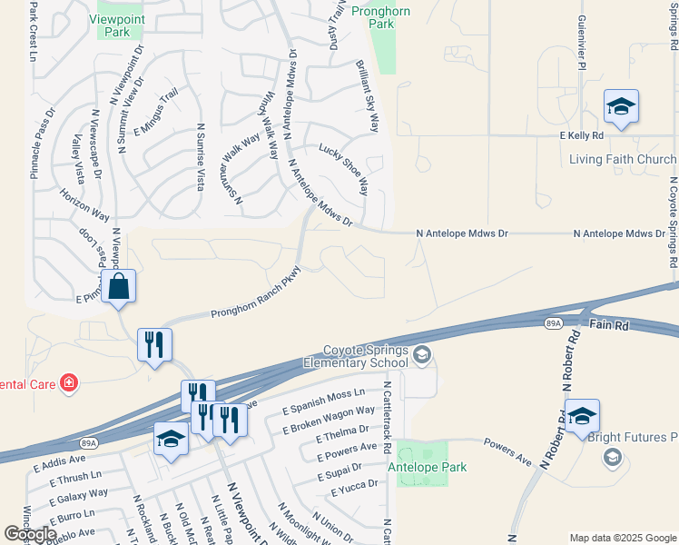 map of restaurants, bars, coffee shops, grocery stores, and more near Pronghorn Ranch Parkway in Prescott Valley