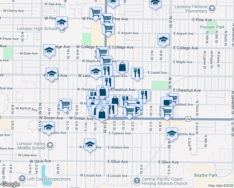 map of restaurants, bars, coffee shops, grocery stores, and more near 230 North G Street in Lompoc