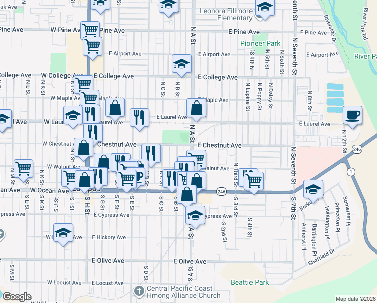 map of restaurants, bars, coffee shops, grocery stores, and more near 210 North B Street in Lompoc