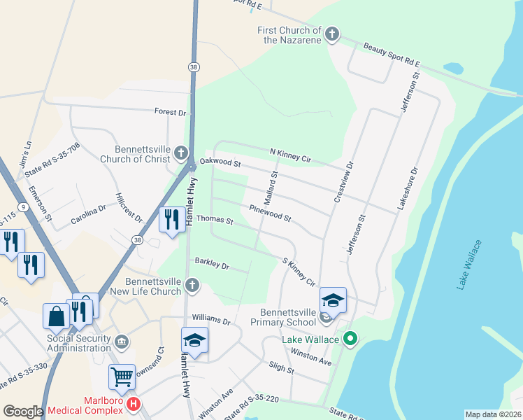 map of restaurants, bars, coffee shops, grocery stores, and more near Mallard Street in Bennettsville
