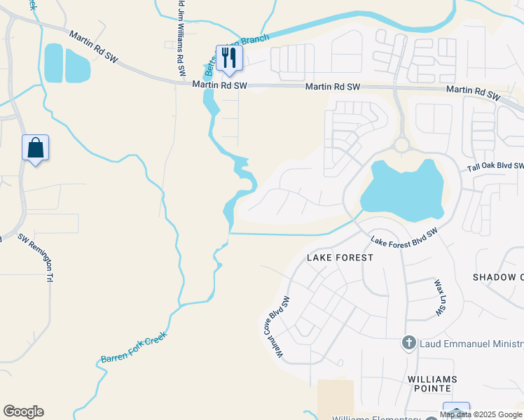 map of restaurants, bars, coffee shops, grocery stores, and more near 33 Elm Ridge Boulevard Southwest in Huntsville