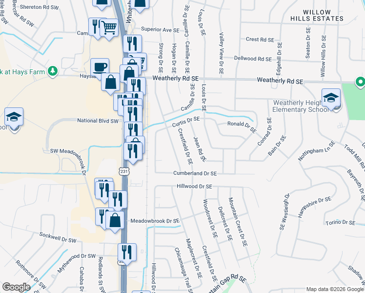 map of restaurants, bars, coffee shops, grocery stores, and more near 11019 Strong Drive Southeast in Huntsville