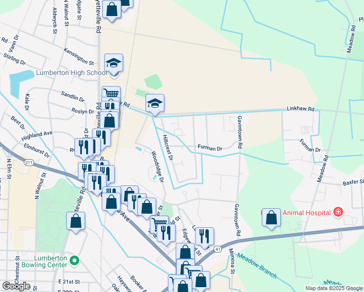 map of restaurants, bars, coffee shops, grocery stores, and more near Woodcliff Drive in Lumberton