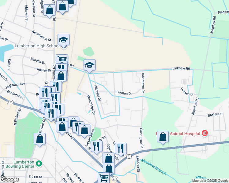 map of restaurants, bars, coffee shops, grocery stores, and more near 3700-3712 Cliffridge Drive in Lumberton