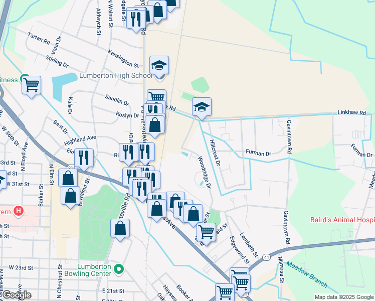 map of restaurants, bars, coffee shops, grocery stores, and more near Noody Johnson Drive in Lumberton
