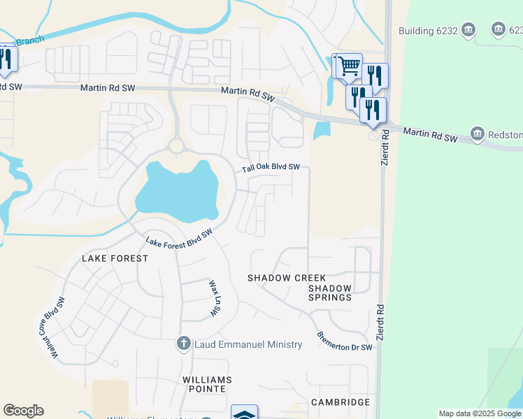 map of restaurants, bars, coffee shops, grocery stores, and more near 48 Atherton Circle Southwest in Huntsville