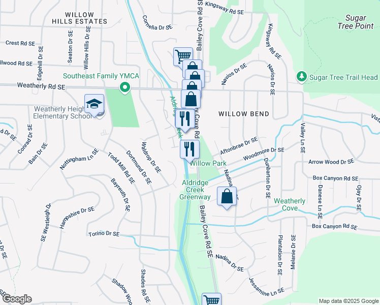 map of restaurants, bars, coffee shops, grocery stores, and more near 10310 Bailey Cove Road Southeast in Huntsville