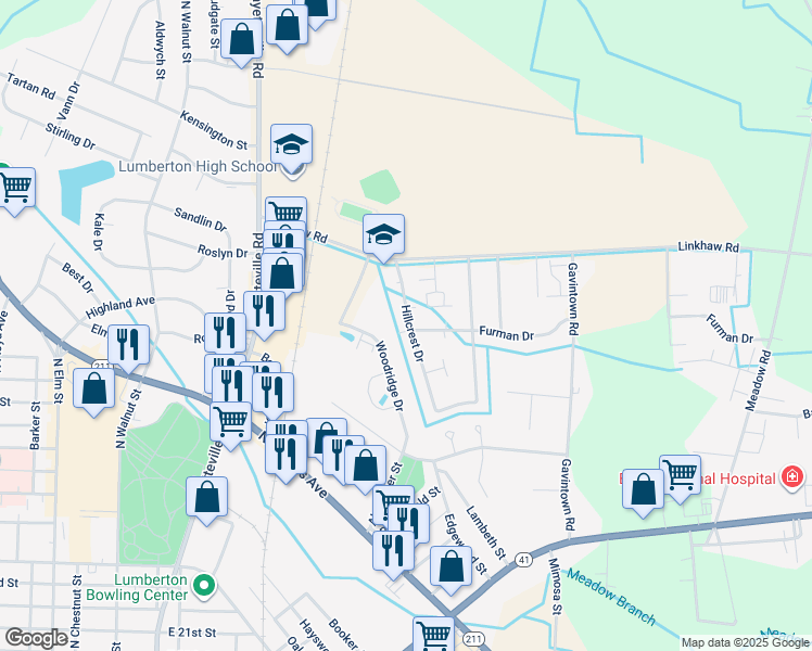 map of restaurants, bars, coffee shops, grocery stores, and more near 3709 Hillcrest Drive in Lumberton