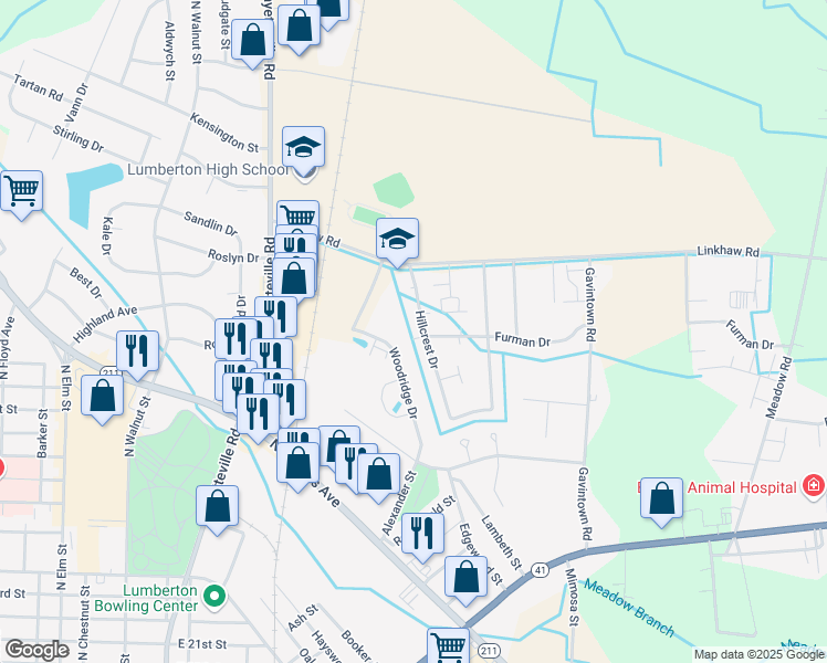 map of restaurants, bars, coffee shops, grocery stores, and more near 3703 Hillcrest Drive in Lumberton