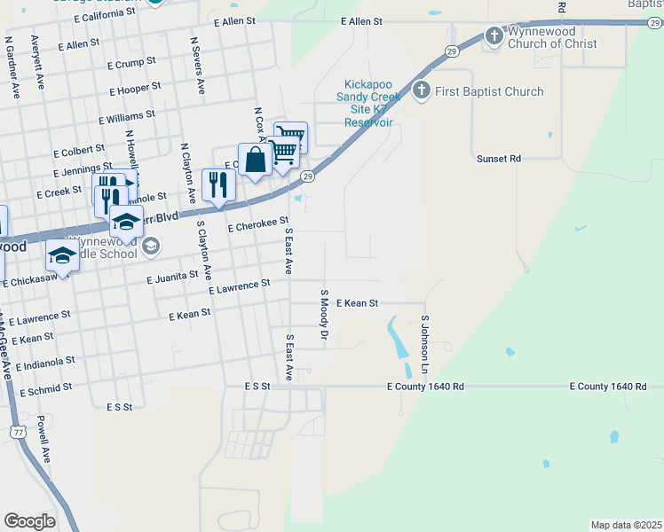 map of restaurants, bars, coffee shops, grocery stores, and more near 1344 Tumbleweed Road in Wynnewood