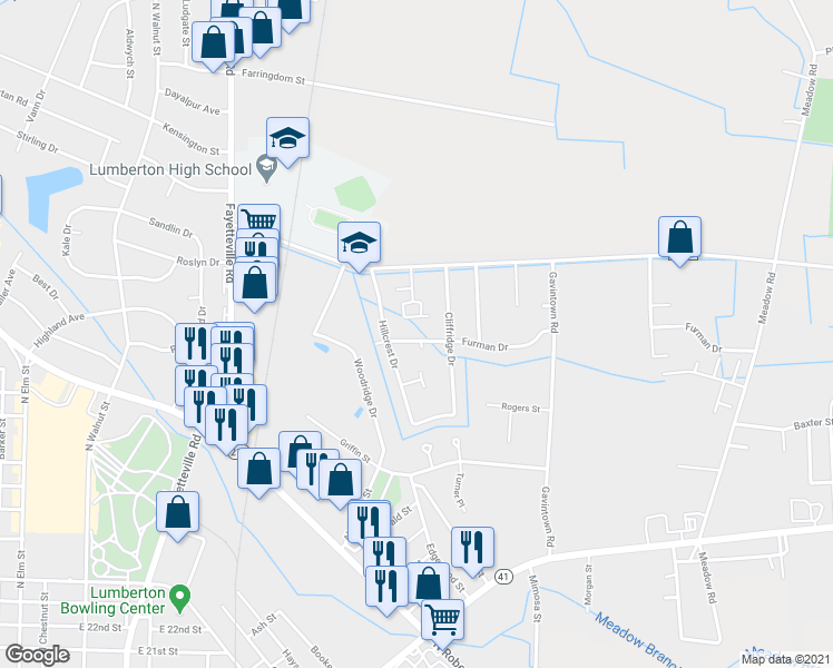 map of restaurants, bars, coffee shops, grocery stores, and more near 1007 Furman Drive in Lumberton