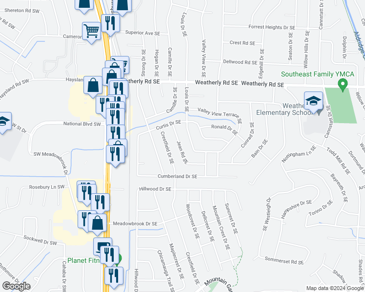 map of restaurants, bars, coffee shops, grocery stores, and more near 11013 Jean Road Southeast in Huntsville