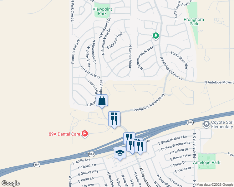 map of restaurants, bars, coffee shops, grocery stores, and more near 7073 North Sunrise Vista in Prescott Valley