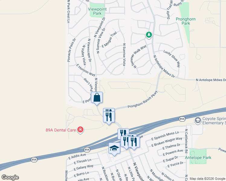 map of restaurants, bars, coffee shops, grocery stores, and more near 7073 North Sunrise Vista in Prescott Valley
