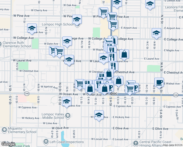map of restaurants, bars, coffee shops, grocery stores, and more near 301 North J Street in Lompoc