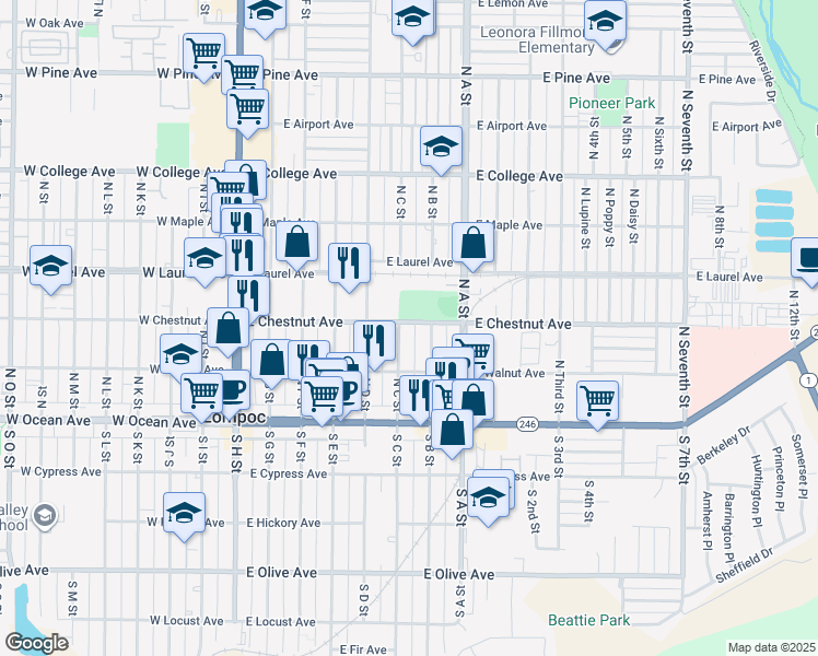 map of restaurants, bars, coffee shops, grocery stores, and more near 523 East Chestnut Avenue in Lompoc
