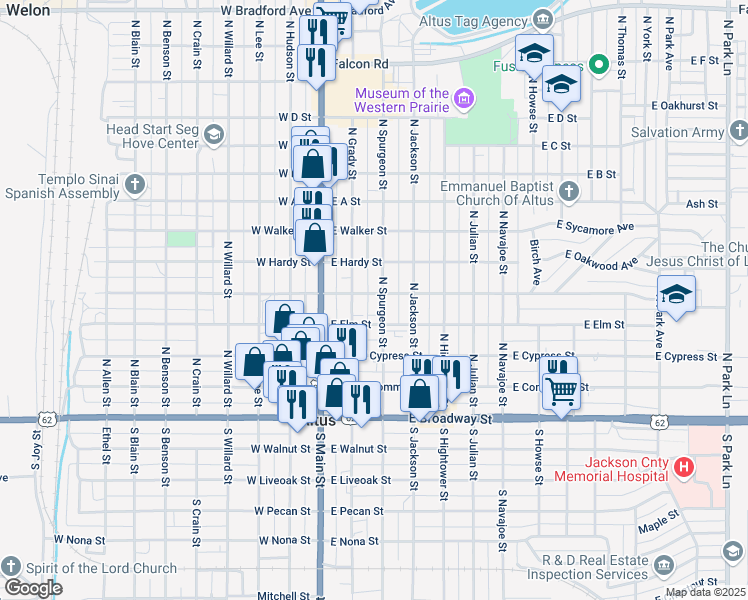 map of restaurants, bars, coffee shops, grocery stores, and more near 503 North Spurgeon Street in Altus