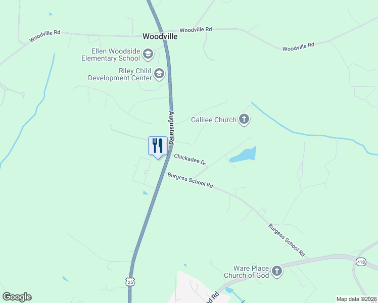 map of restaurants, bars, coffee shops, grocery stores, and more near 15 Chickadee Drive in Pelzer