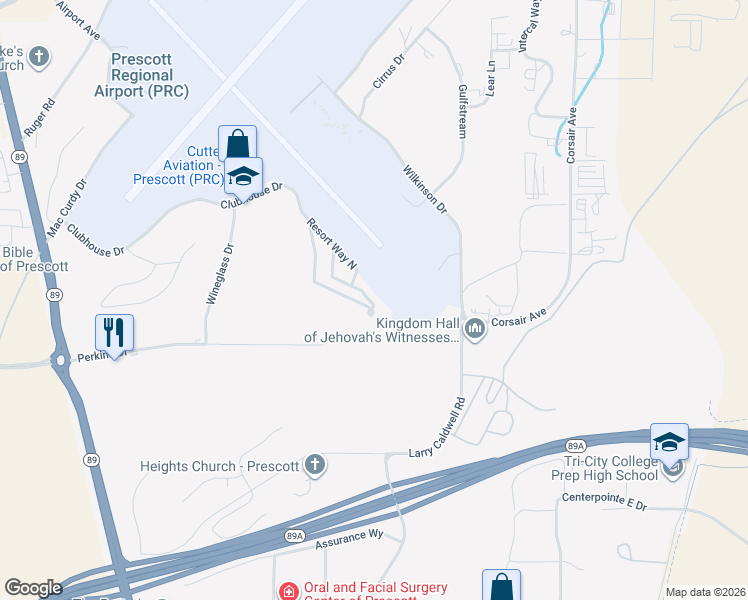map of restaurants, bars, coffee shops, grocery stores, and more near 2190 Resort Way South in Prescott