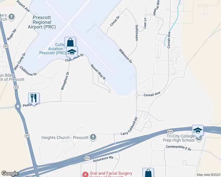 map of restaurants, bars, coffee shops, grocery stores, and more near 2190 Resort Way South in Prescott