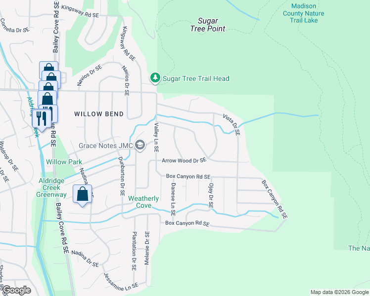 map of restaurants, bars, coffee shops, grocery stores, and more near 9305 Grandfield Lane Southeast in Huntsville