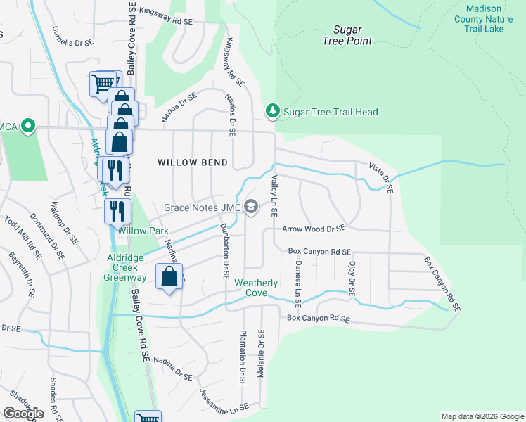 map of restaurants, bars, coffee shops, grocery stores, and more near 2203 Woodmore Drive Southeast in Huntsville