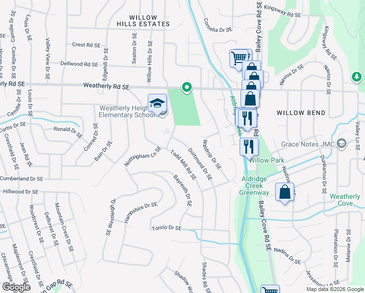 map of restaurants, bars, coffee shops, grocery stores, and more near 9602 Dortmund Drive Southeast in Huntsville