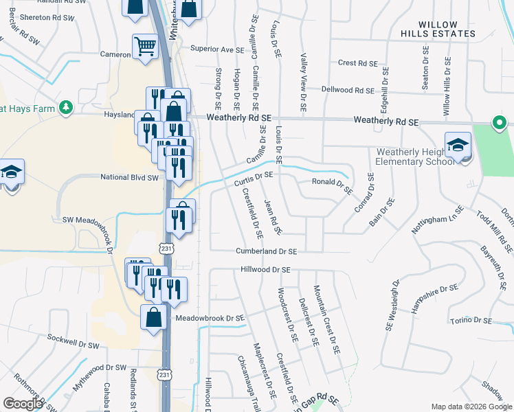 map of restaurants, bars, coffee shops, grocery stores, and more near 11006 Crestfield Drive Southeast in Huntsville