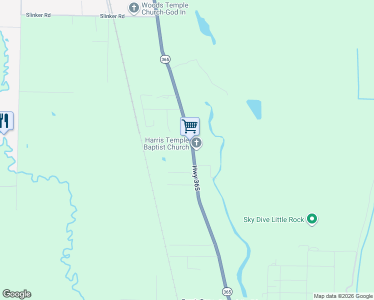 map of restaurants, bars, coffee shops, grocery stores, and more near 11608 Arkansas 365 in Little Rock
