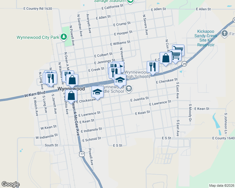 map of restaurants, bars, coffee shops, grocery stores, and more near South Carr Avenue in Wynnewood