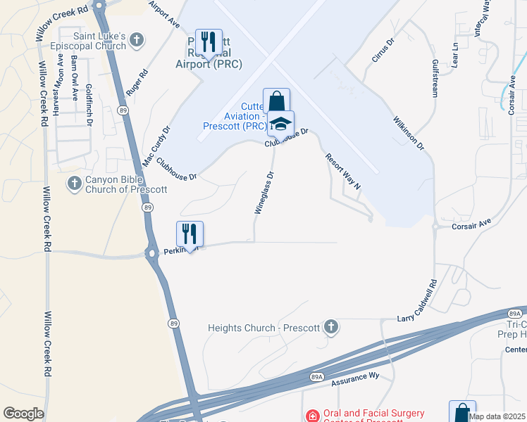 map of restaurants, bars, coffee shops, grocery stores, and more near 13 Wineglass Drive in Prescott