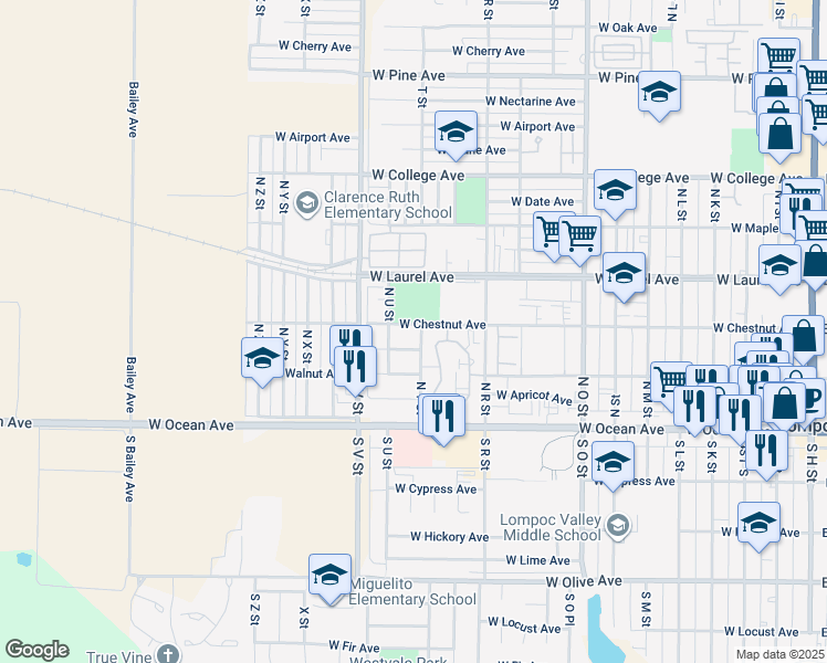 map of restaurants, bars, coffee shops, grocery stores, and more near 1300 West Chestnut Avenue in Lompoc