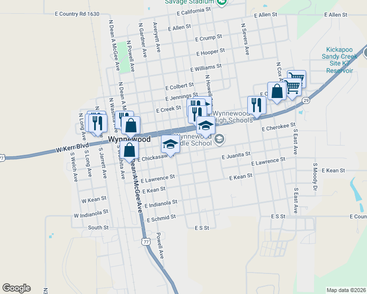 map of restaurants, bars, coffee shops, grocery stores, and more near 407 East Cherokee Street in Wynnewood