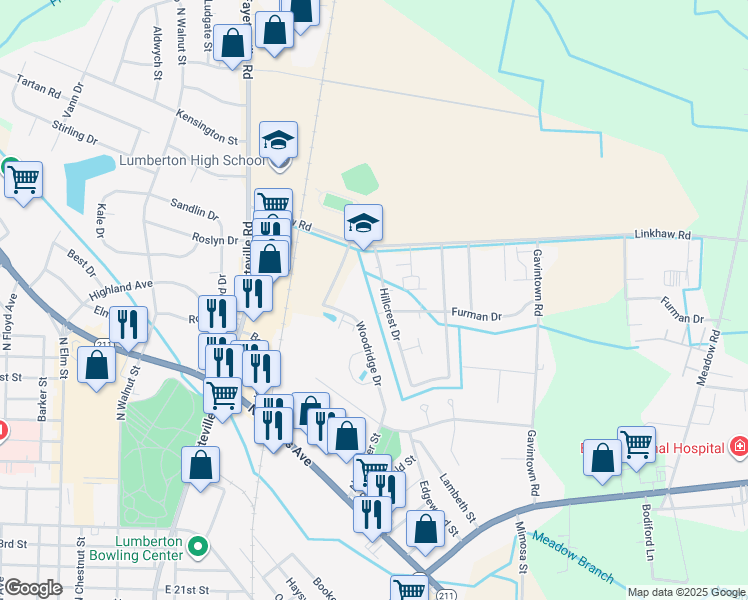 map of restaurants, bars, coffee shops, grocery stores, and more near 3709 Hillcrest Drive in Lumberton