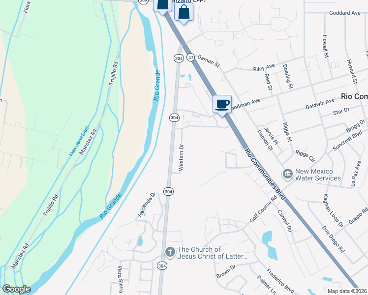 map of restaurants, bars, coffee shops, grocery stores, and more near 412 Western Drive in Belen