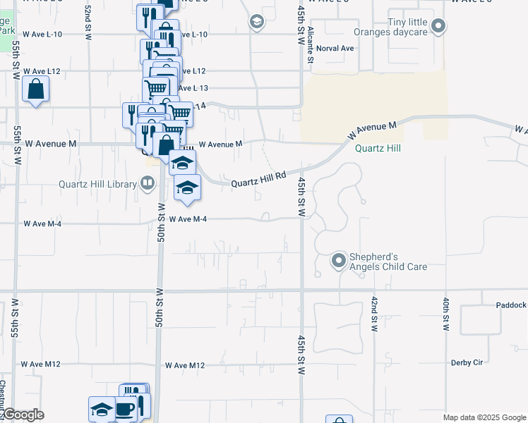 map of restaurants, bars, coffee shops, grocery stores, and more near 4563 West Avenue M-4 in Lancaster