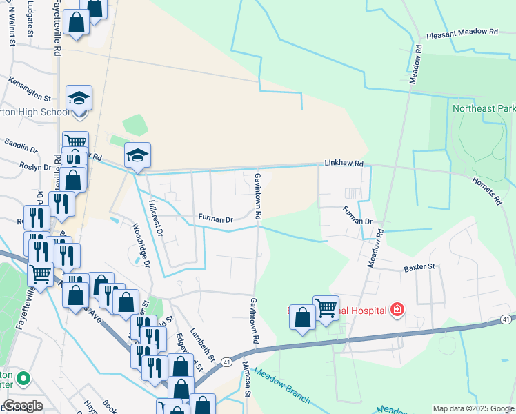map of restaurants, bars, coffee shops, grocery stores, and more near 4100 Cricklewood Street in Lumberton