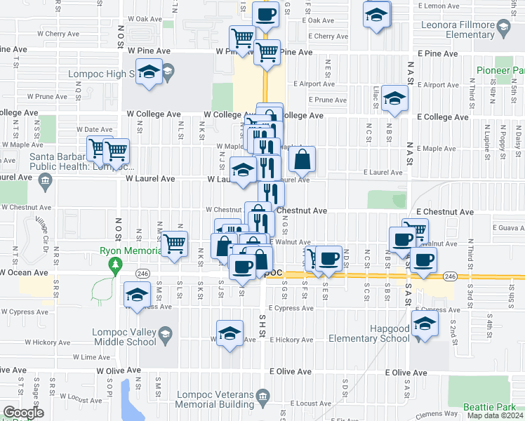 map of restaurants, bars, coffee shops, grocery stores, and more near 15 West Chestnut Avenue in Lompoc
