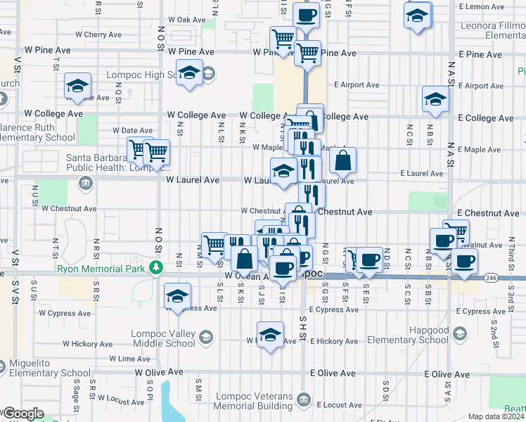 map of restaurants, bars, coffee shops, grocery stores, and more near 301 West Chestnut Avenue in Lompoc