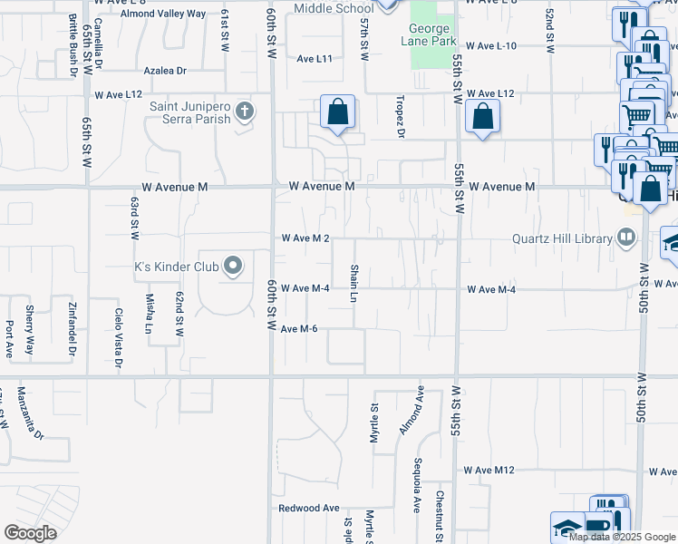 map of restaurants, bars, coffee shops, grocery stores, and more near 41820 Elk Run Lane in Quartz Hill