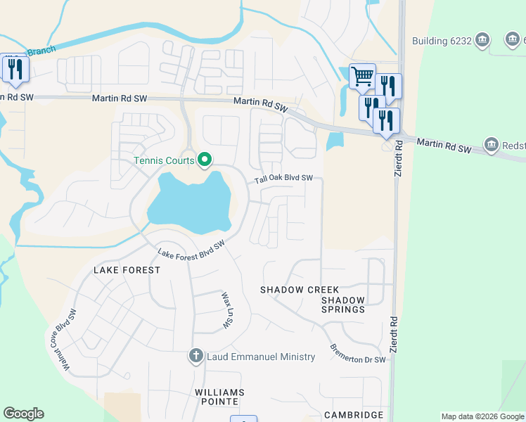 map of restaurants, bars, coffee shops, grocery stores, and more near 48 Atherton Circle Southwest in Huntsville
