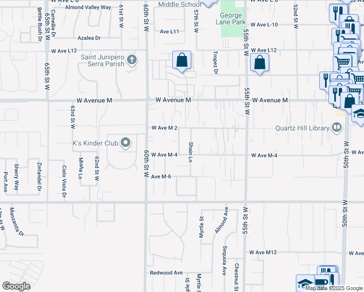 map of restaurants, bars, coffee shops, grocery stores, and more near 41820 Elk Run Lane in Quartz Hill
