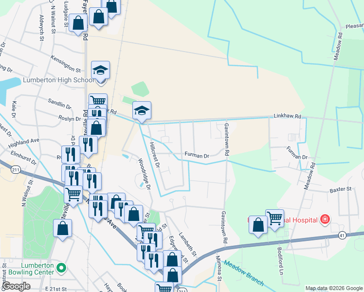 map of restaurants, bars, coffee shops, grocery stores, and more near 3700-3712 Cliffridge Drive in Lumberton