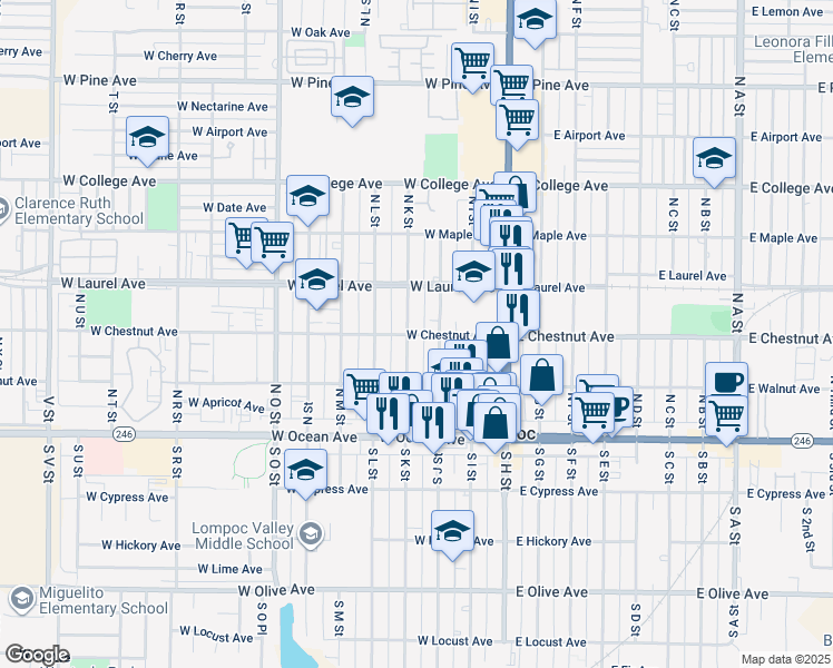map of restaurants, bars, coffee shops, grocery stores, and more near 403 West Chestnut Avenue in Lompoc